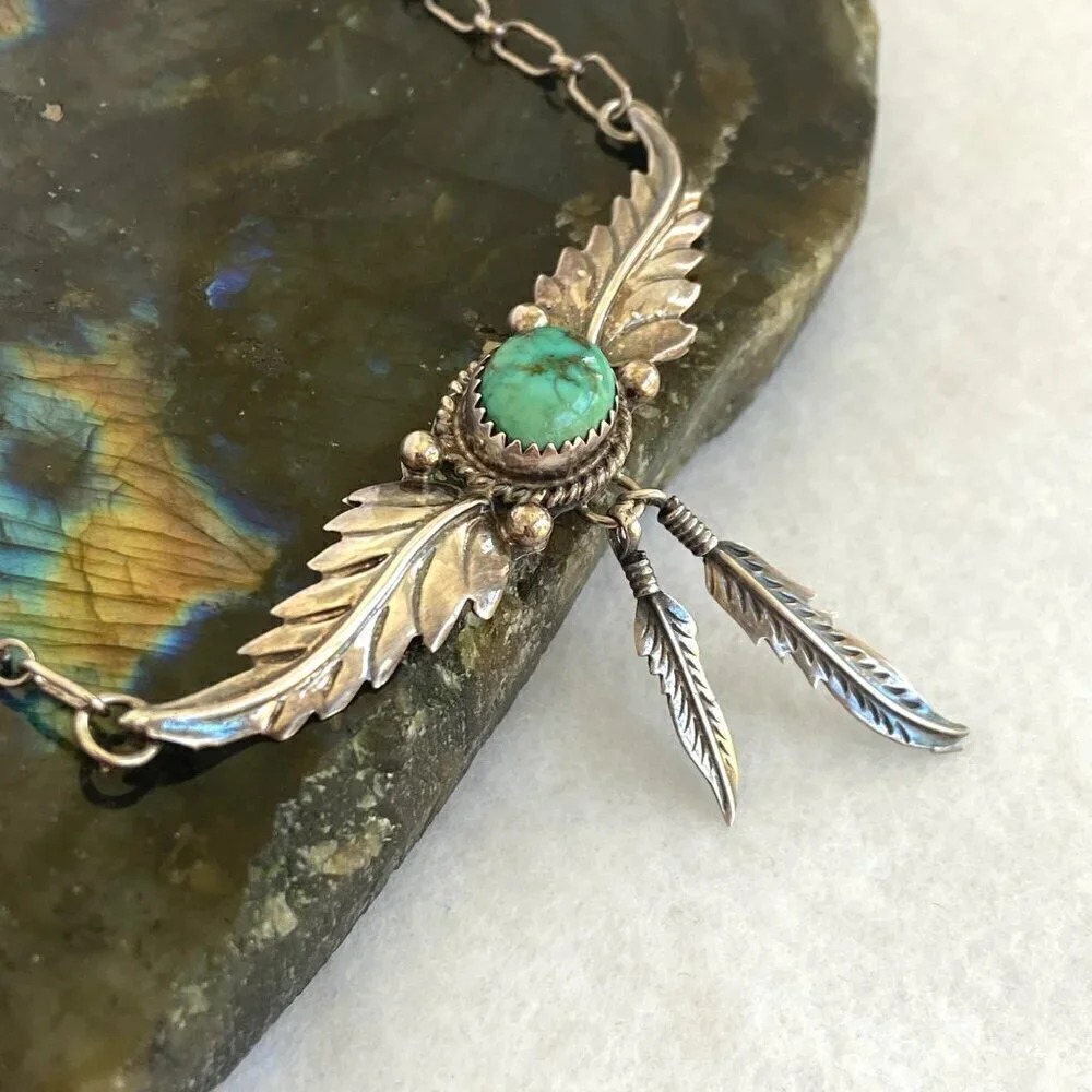 VTG Sterling Silver 925 H. Spencer Navajo Turquoise Leaf Feather Necklace 20.5